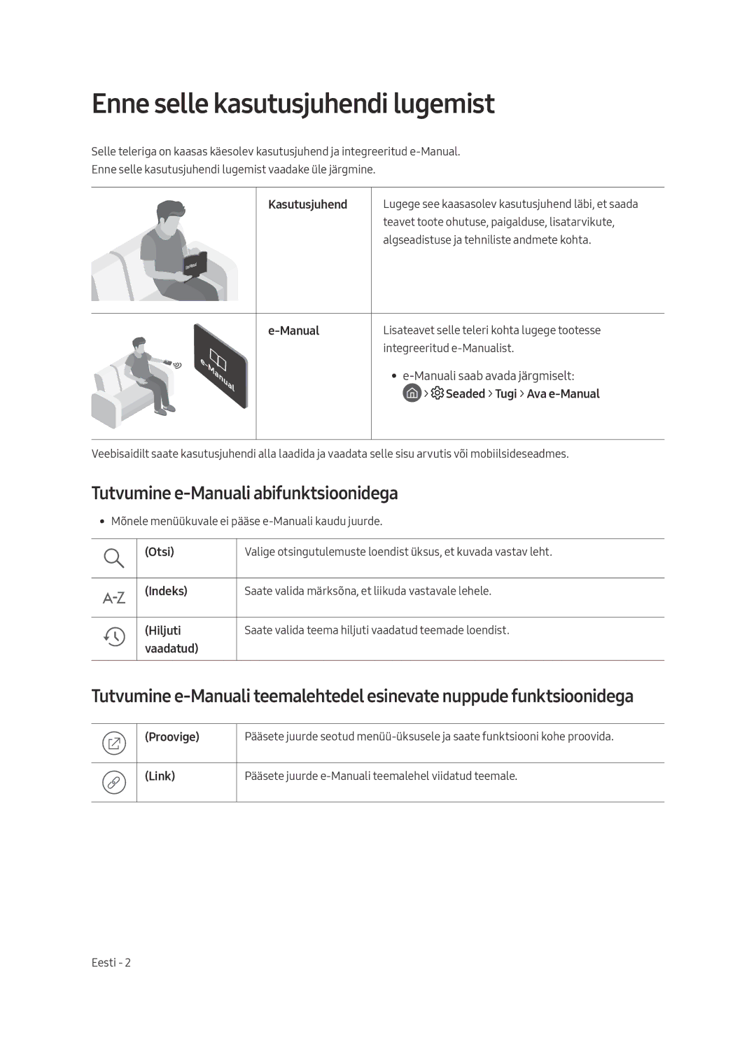 Samsung UE55MU6402UXXH, UE40MU6402UXXH manual Enne selle kasutusjuhendi lugemist, Tutvumine e-Manuali abifunktsioonidega 