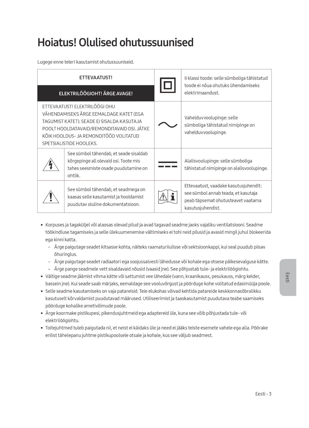 Samsung UE49MU6402UXXH, UE40MU6402UXXH, UE65MU6402UXXH manual Hoiatus! Olulised ohutussuunised, ELEKTRILÖÖGIOHT! Ärge Avage 