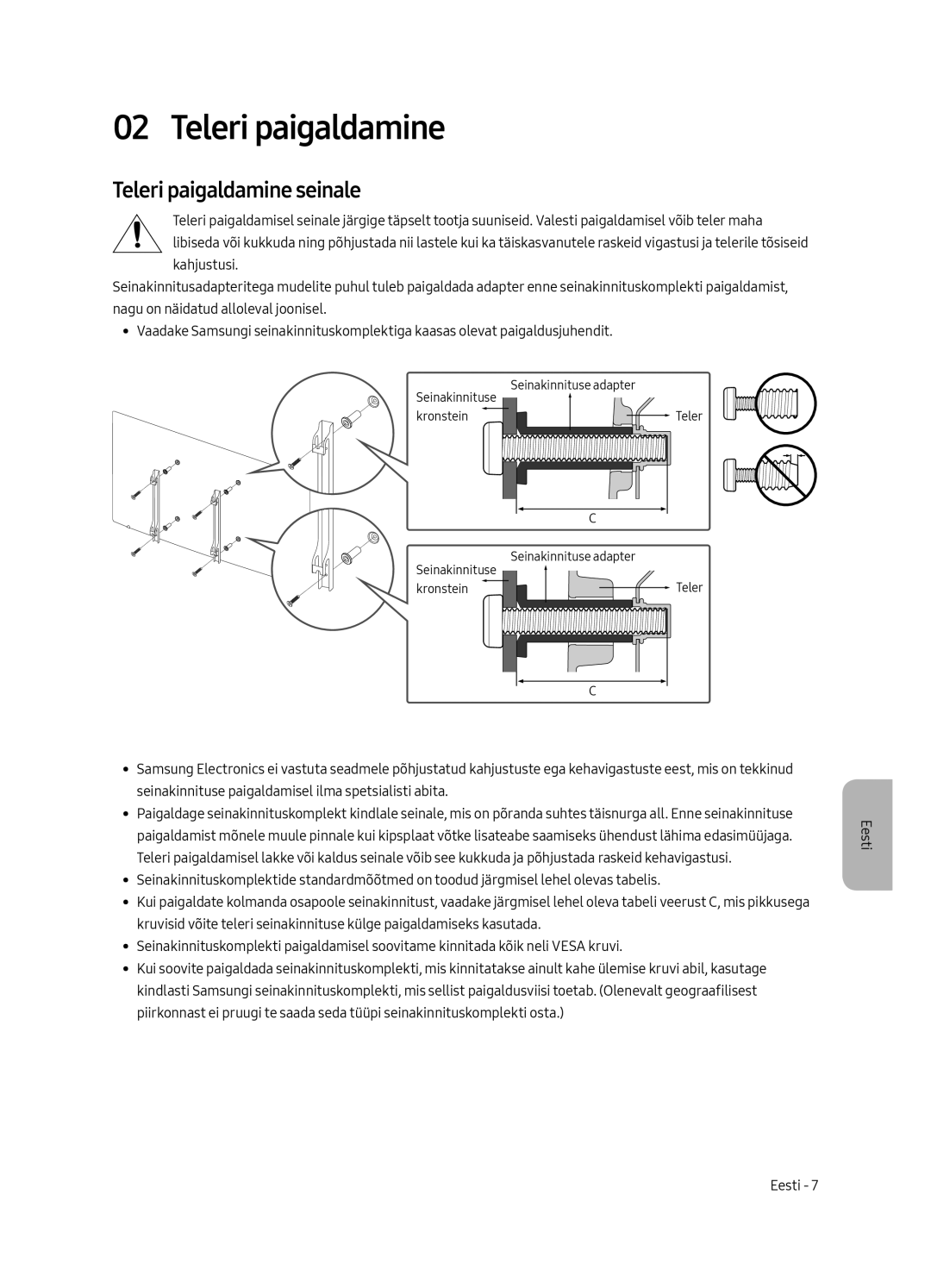 Samsung UE49MU6402UXXH, UE40MU6402UXXH, UE65MU6402UXXH, UE55MU6402UXXH manual Teleri paigaldamine seinale 