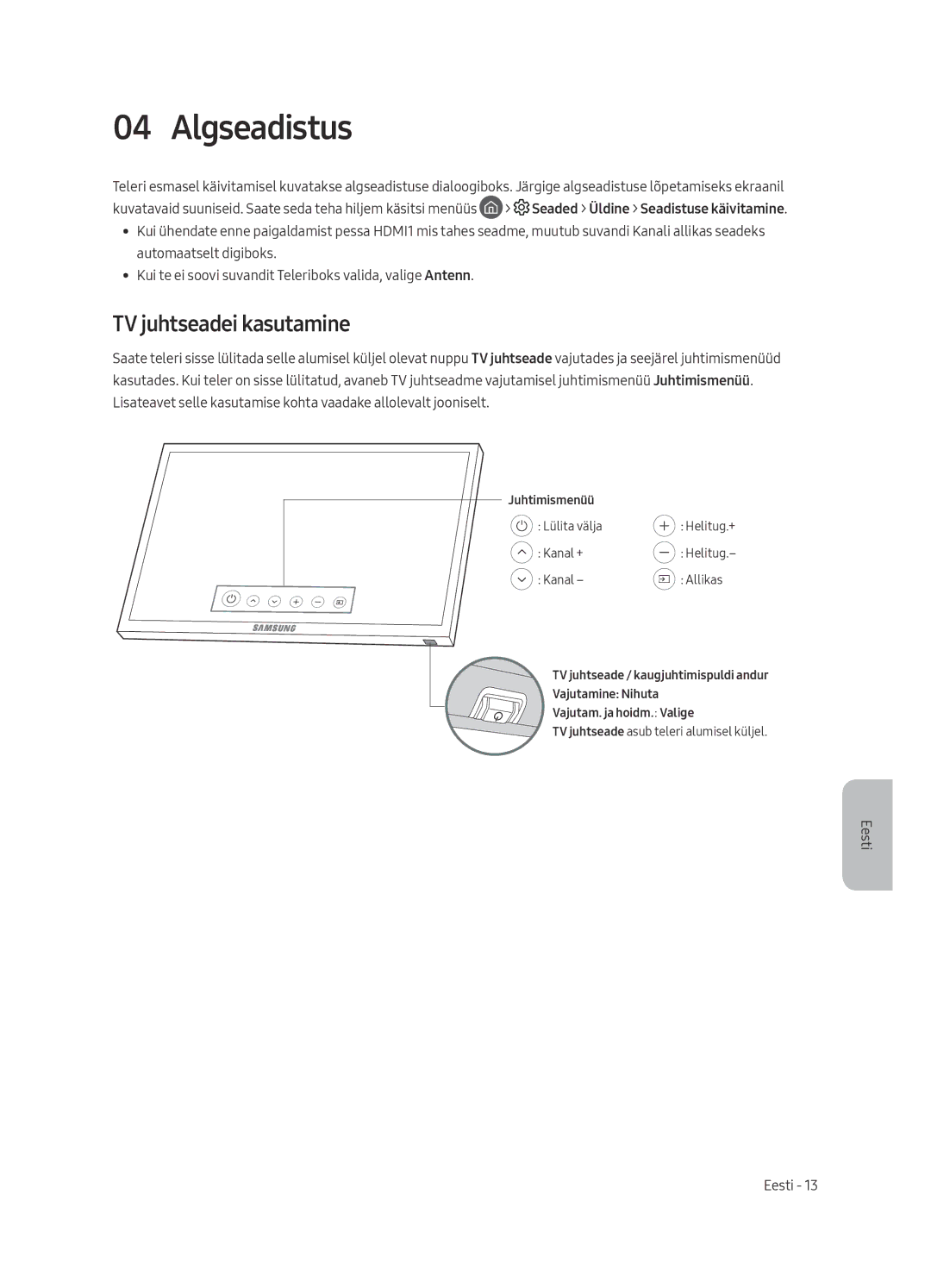 Samsung UE65MU6402UXXH, UE40MU6402UXXH, UE55MU6402UXXH, UE49MU6402UXXH manual Algseadistus, TV juhtseadei kasutamine 