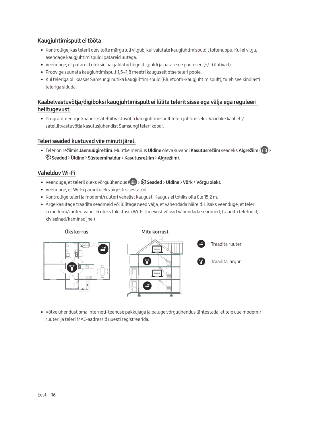 Samsung UE40MU6402UXXH, UE65MU6402UXXH Kaugjuhtimispult ei tööta, Teleri seaded kustuvad viie minuti järel, Vahelduv Wi-Fi 