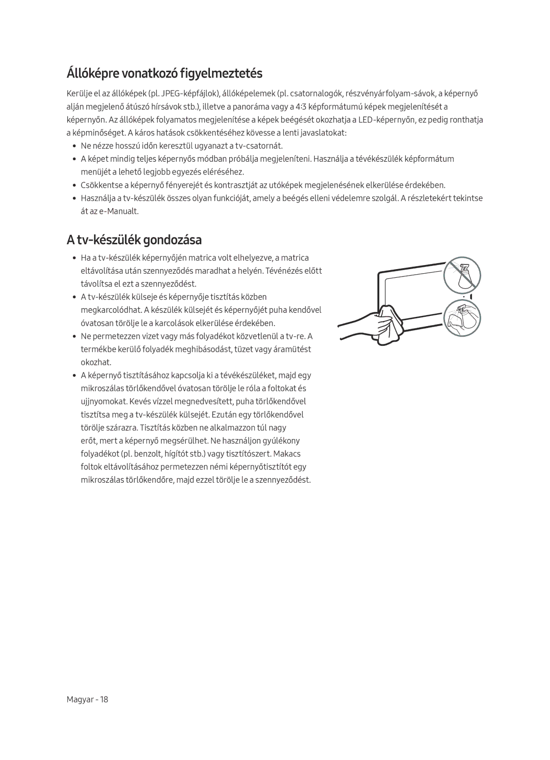 Samsung UE55MU6402UXXH, UE40MU6402UXXH, UE65MU6402UXXH manual Állóképre vonatkozó figyelmeztetés, Tv-készülék gondozása 