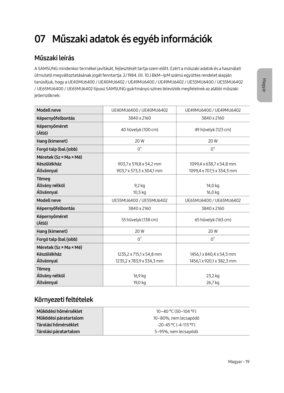 Samsung UE49MU6402UXXH, UE40MU6402UXXH manual 07 Műszaki adatok és egyéb információk, Műszaki leírás, Környezeti feltételek 