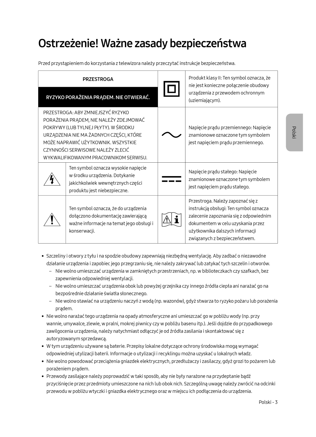 Samsung UE49MU6402UXXH, UE40MU6402UXXH, UE65MU6402UXXH, UE55MU6402UXXH Ostrzeżenie! Ważne zasady bezpieczeństwa, Przestroga 