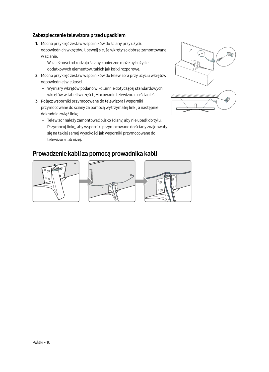 Samsung UE55MU6402UXXH manual Prowadzenie kabli za pomocą prowadnika kabli, Zabezpieczenie telewizora przed upadkiem 