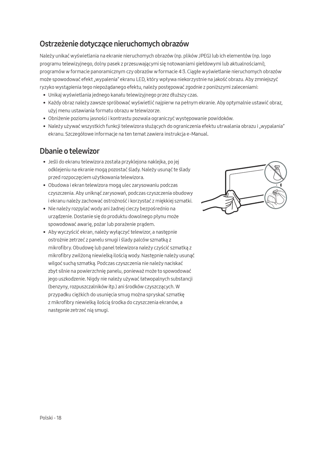 Samsung UE55MU6402UXXH, UE40MU6402UXXH, UE65MU6402UXXH manual Ostrzeżenie dotyczące nieruchomych obrazów, Dbanie o telewizor 