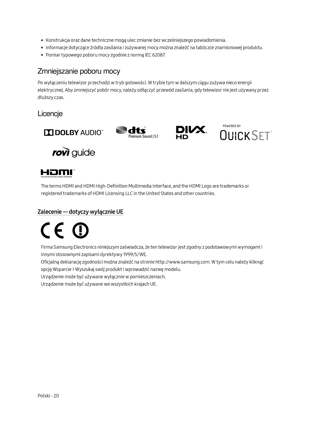 Samsung UE40MU6402UXXH, UE65MU6402UXXH, UE55MU6402UXXH Zmniejszanie poboru mocy, Licencje, Zalecenie dotyczy wyłącznie UE 