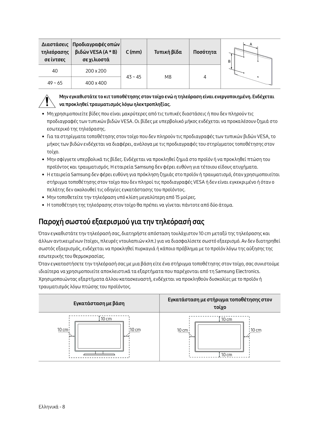 Samsung UE40MU6402UXXH, UE65MU6402UXXH Παροχή σωστού εξαερισμού για την τηλεόρασή σας, Διαστάσεις, Εγκατάσταση με βάση 