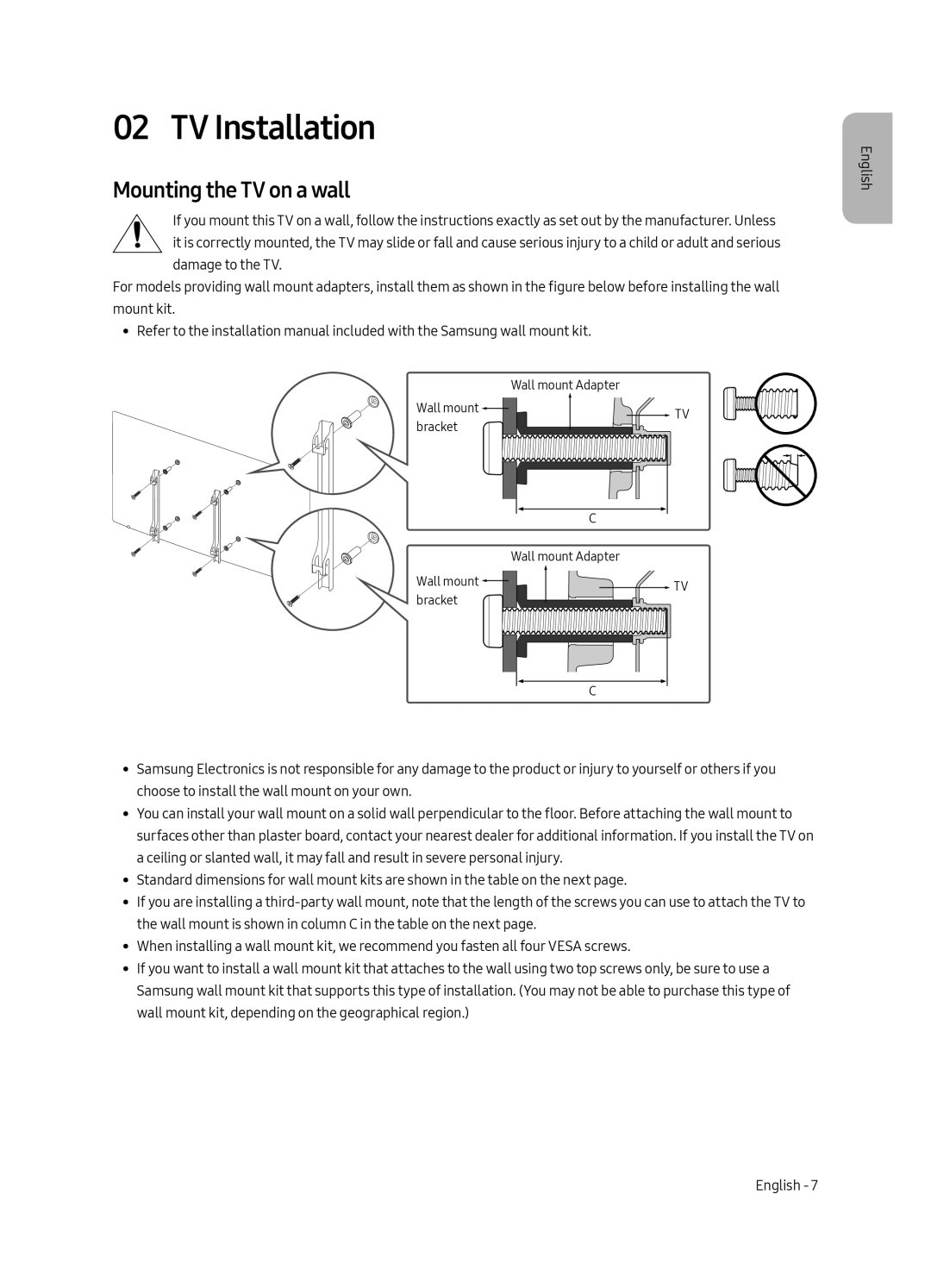 Samsung UE49MU6402UXXH, UE40MU6402UXXH, UE65MU6402UXXH, UE55MU6402UXXH manual TV Installation, Mounting the TV on a wall 