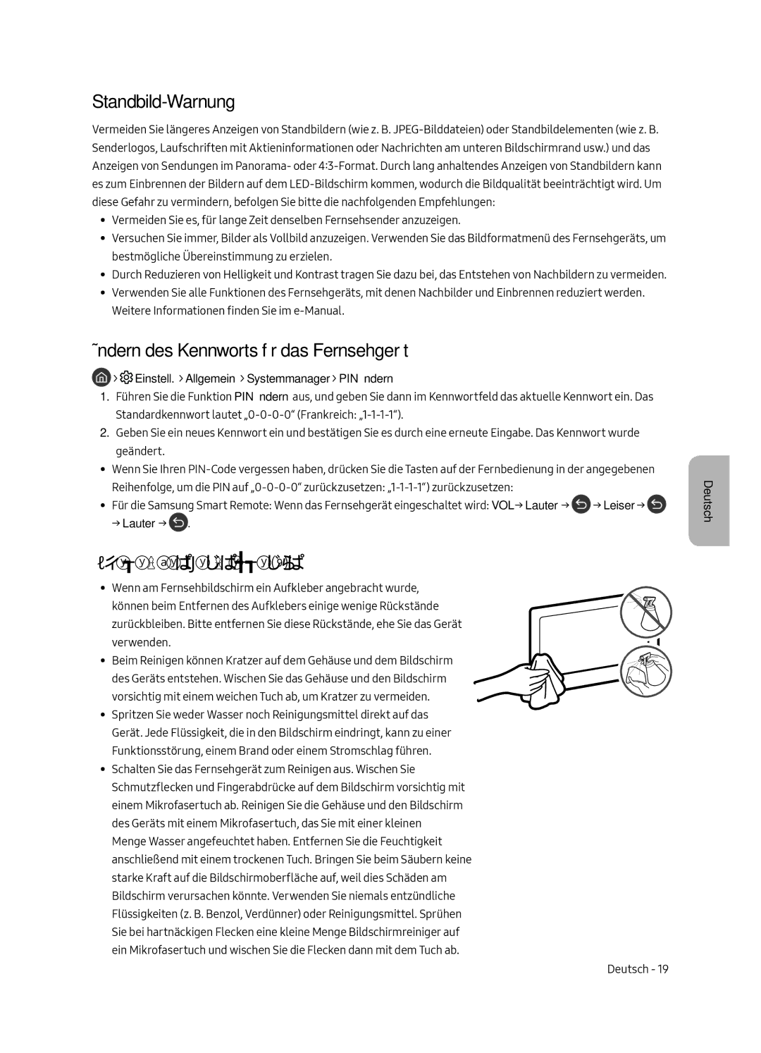 Samsung UE55MU6405UXXC Standbild-Warnung, Ändern des Kennworts für das Fernsehgerät, Pflegen des Fernsehgeräts, → Lauter → 