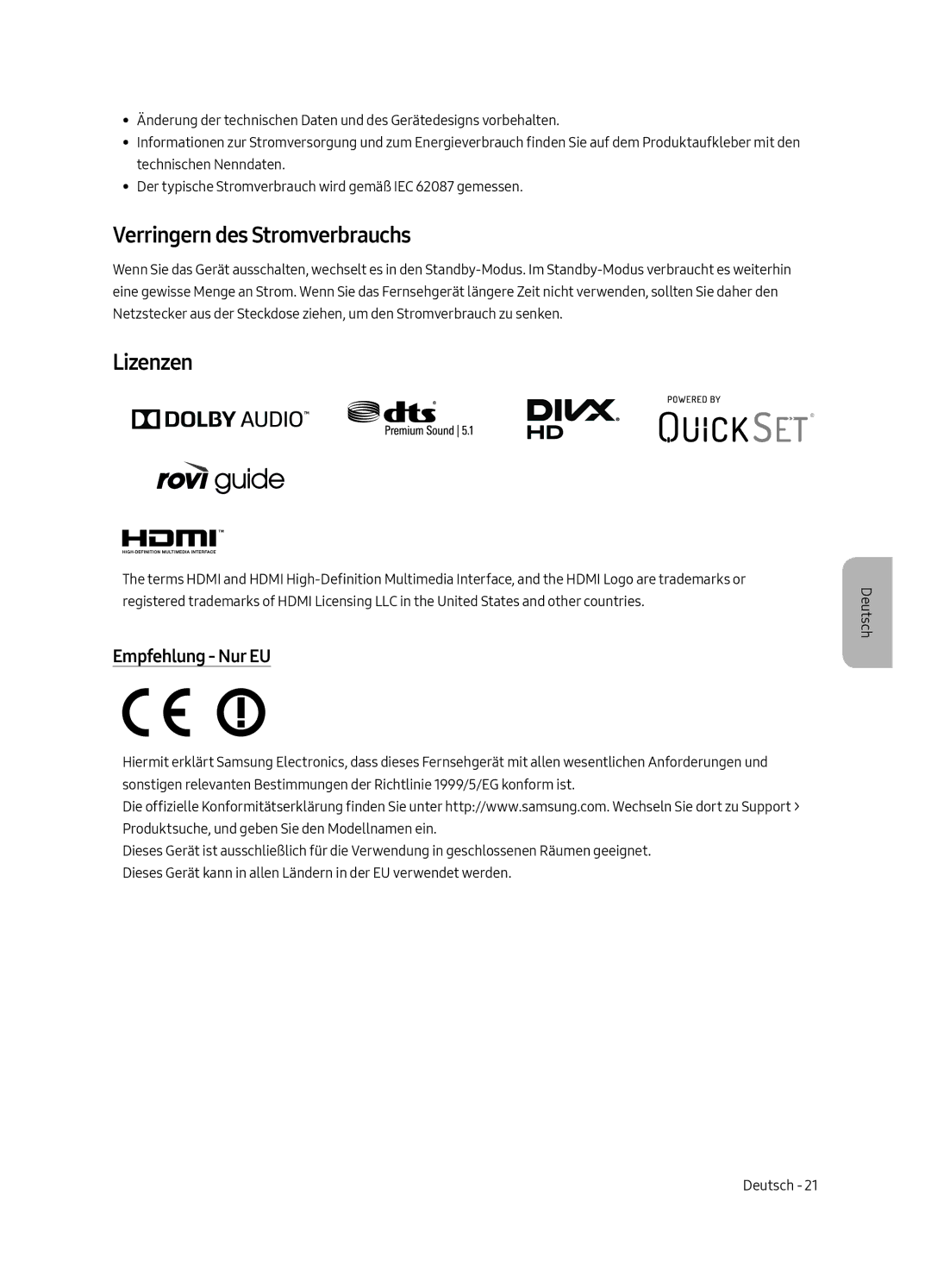 Samsung UE65MU6405UXXC, UE40MU6405UXXC, UE49MU6405UXXC manual Verringern des Stromverbrauchs, Lizenzen, Empfehlung Nur EU 