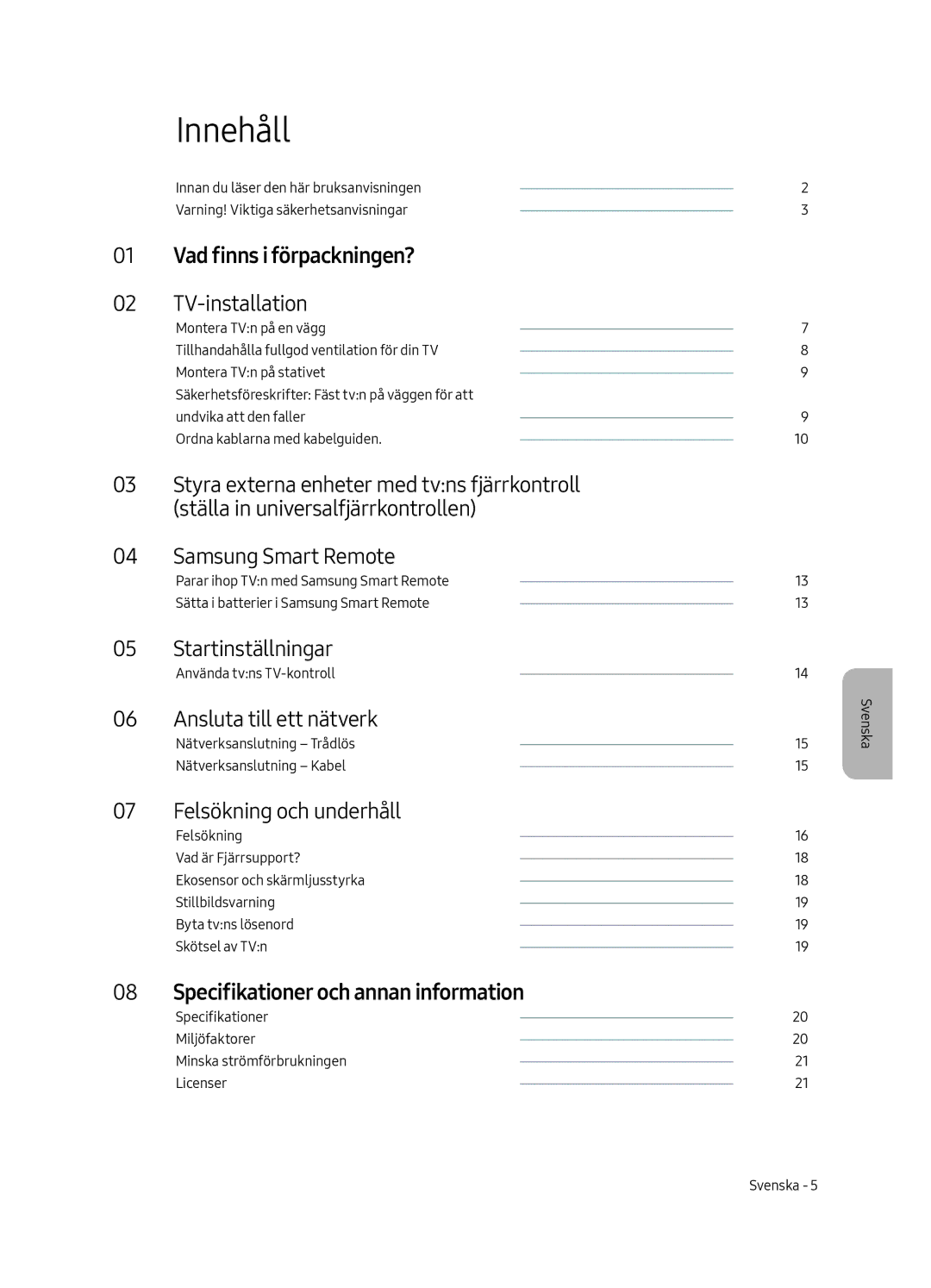 Samsung UE55MU6405UXXC, UE40MU6405UXXC, UE65MU6405UXXC, UE49MU6405UXXC manual Innehåll 