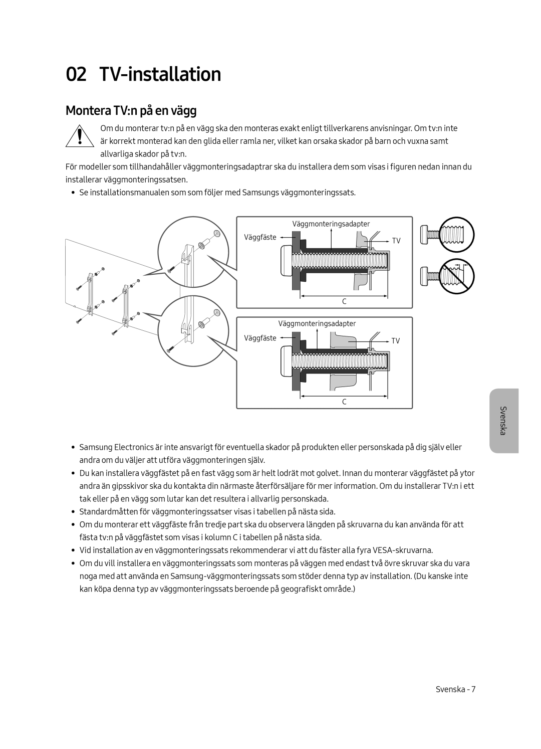 Samsung UE65MU6405UXXC, UE40MU6405UXXC, UE49MU6405UXXC, UE55MU6405UXXC manual TV-installation, Montera TVn på en vägg 