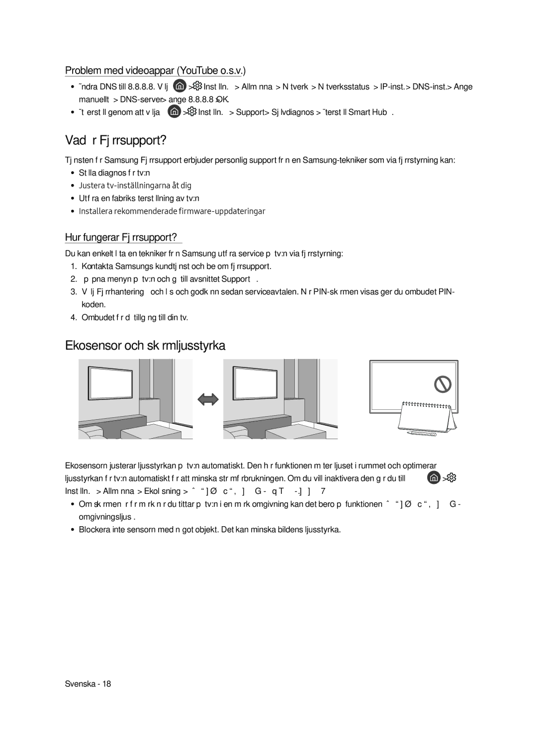 Samsung UE40MU6405UXXC manual Vad är Fjärrsupport?, Ekosensor och skärmljusstyrka, Problem med videoappar YouTube o.s.v 