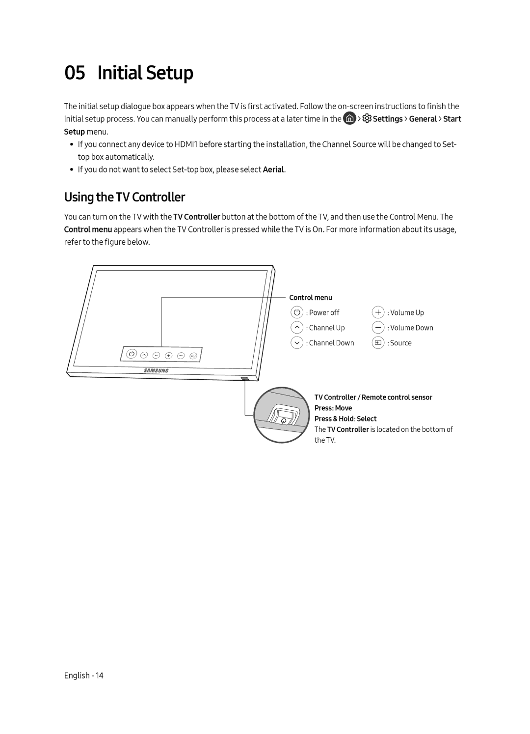 Samsung UE49MU6405UXXC, UE40MU6405UXXC, UE65MU6405UXXC, UE55MU6405UXXC manual Initial Setup, Using the TV Controller 