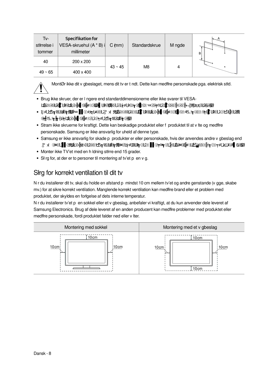 Samsung UE40MU6405UXXC, UE65MU6405UXXC manual Sørg for korrekt ventilation til dit tv, Specifikation for, Tommer Millimeter 