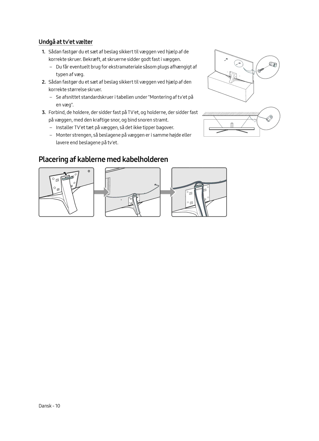 Samsung UE49MU6405UXXC, UE40MU6405UXXC, UE65MU6405UXXC manual Placering af kablerne med kabelholderen, Undgå at tvet vælter 