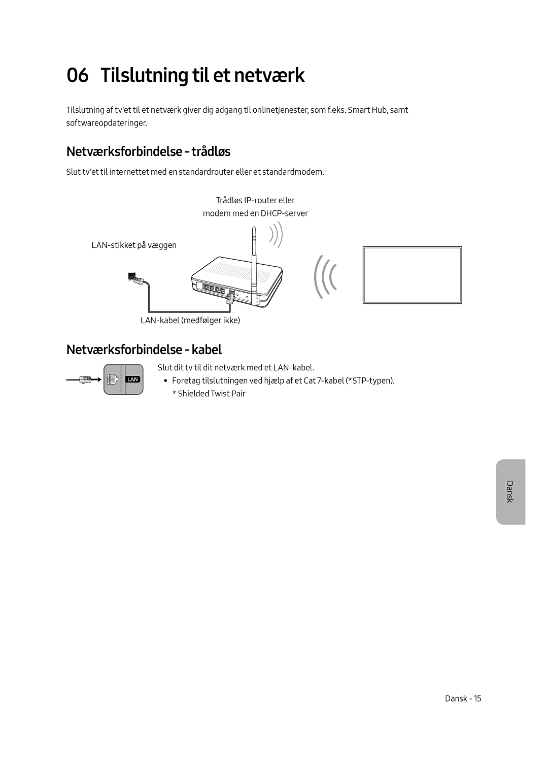 Samsung UE55MU6405UXXC, UE40MU6405UXXC Tilslutning til et netværk, Netværksforbindelse trådløs, Netværksforbindelse kabel 