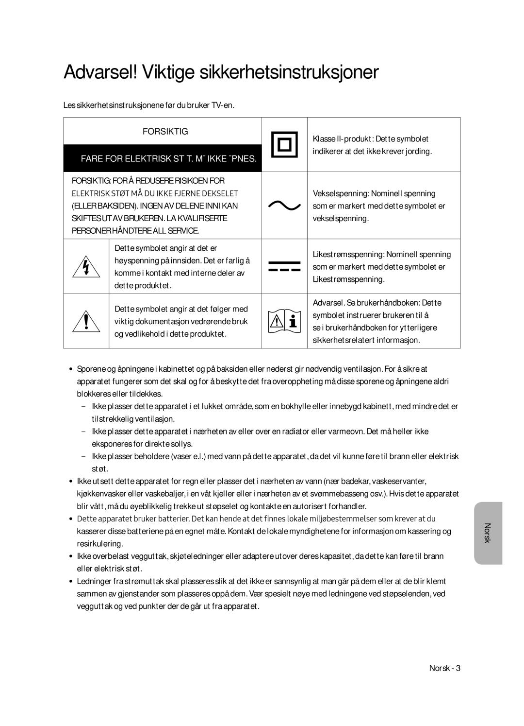 Samsung UE65MU6405UXXC, UE40MU6405UXXC, UE49MU6405UXXC, UE55MU6405UXXC manual Forsiktig 