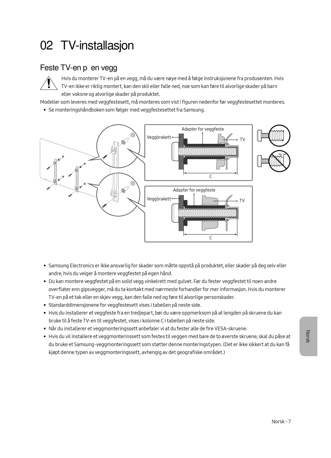 Samsung UE65MU6405UXXC, UE40MU6405UXXC, UE49MU6405UXXC, UE55MU6405UXXC manual TV-installasjon, Feste TV-en på en vegg 