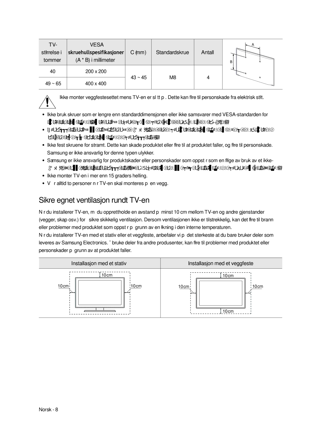 Samsung UE49MU6405UXXC, UE40MU6405UXXC, UE65MU6405UXXC manual Sikre egnet ventilasjon rundt TV-en, Antall Tommer I millimeter 