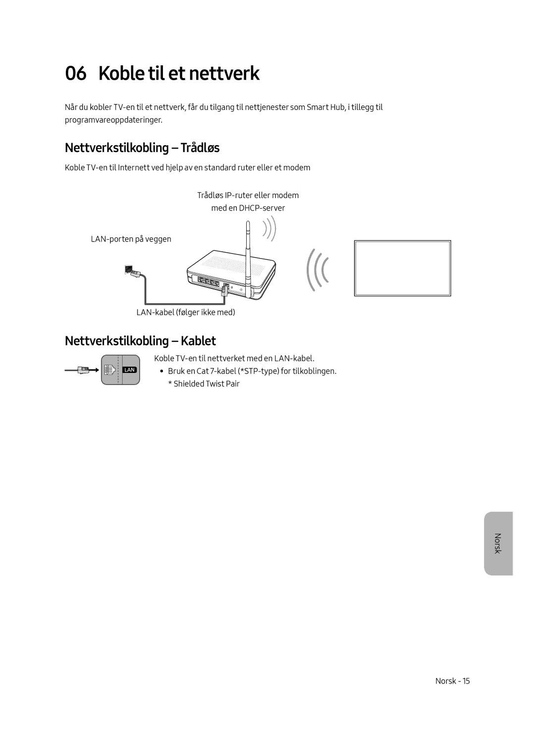 Samsung UE65MU6405UXXC, UE40MU6405UXXC manual Koble til et nettverk, Nettverkstilkobling Trådløs, Nettverkstilkobling Kablet 