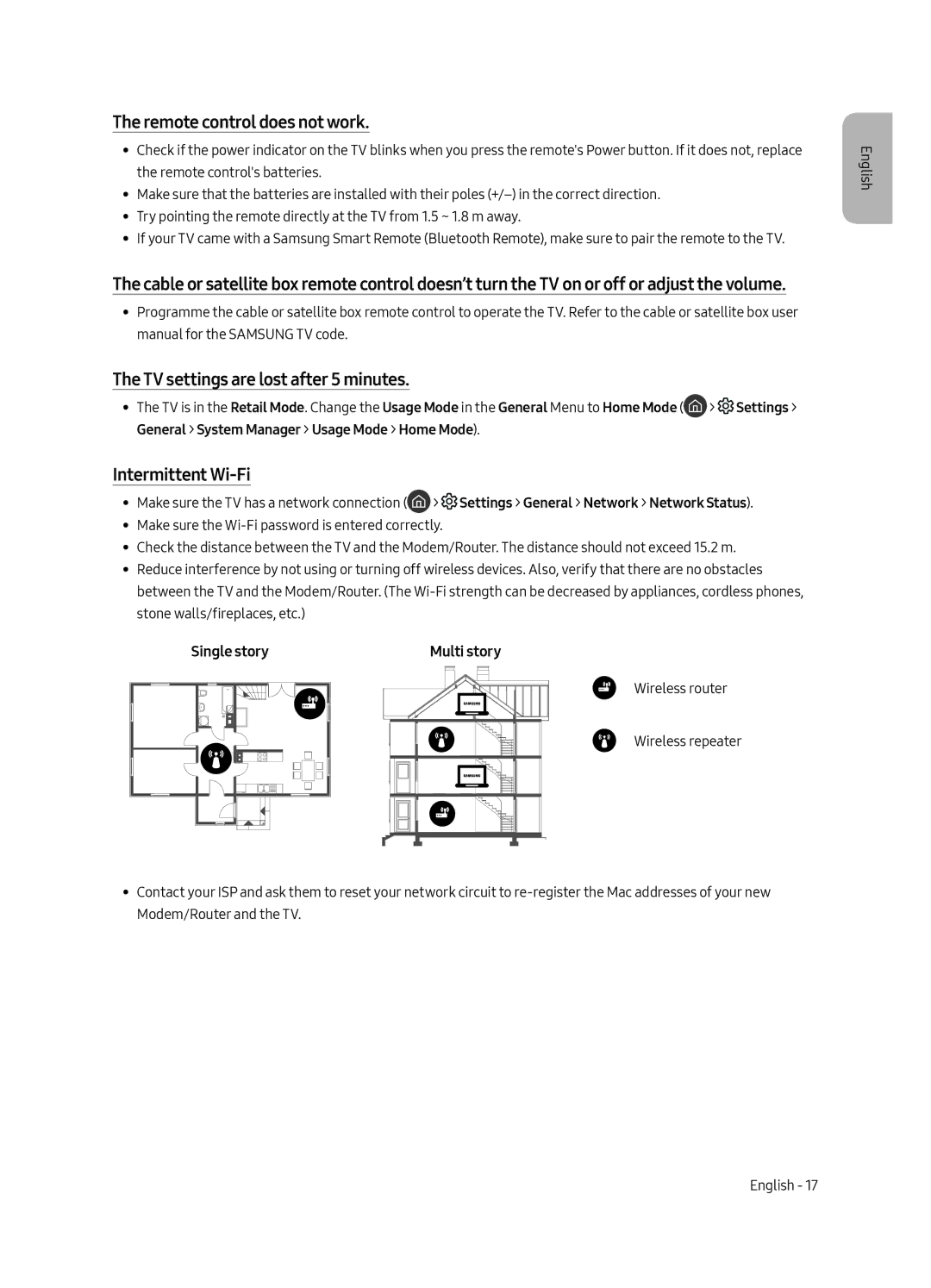 Samsung UE65MU6405UXXC manual Remote control does not work, TV settings are lost after 5 minutes, Intermittent Wi-Fi 