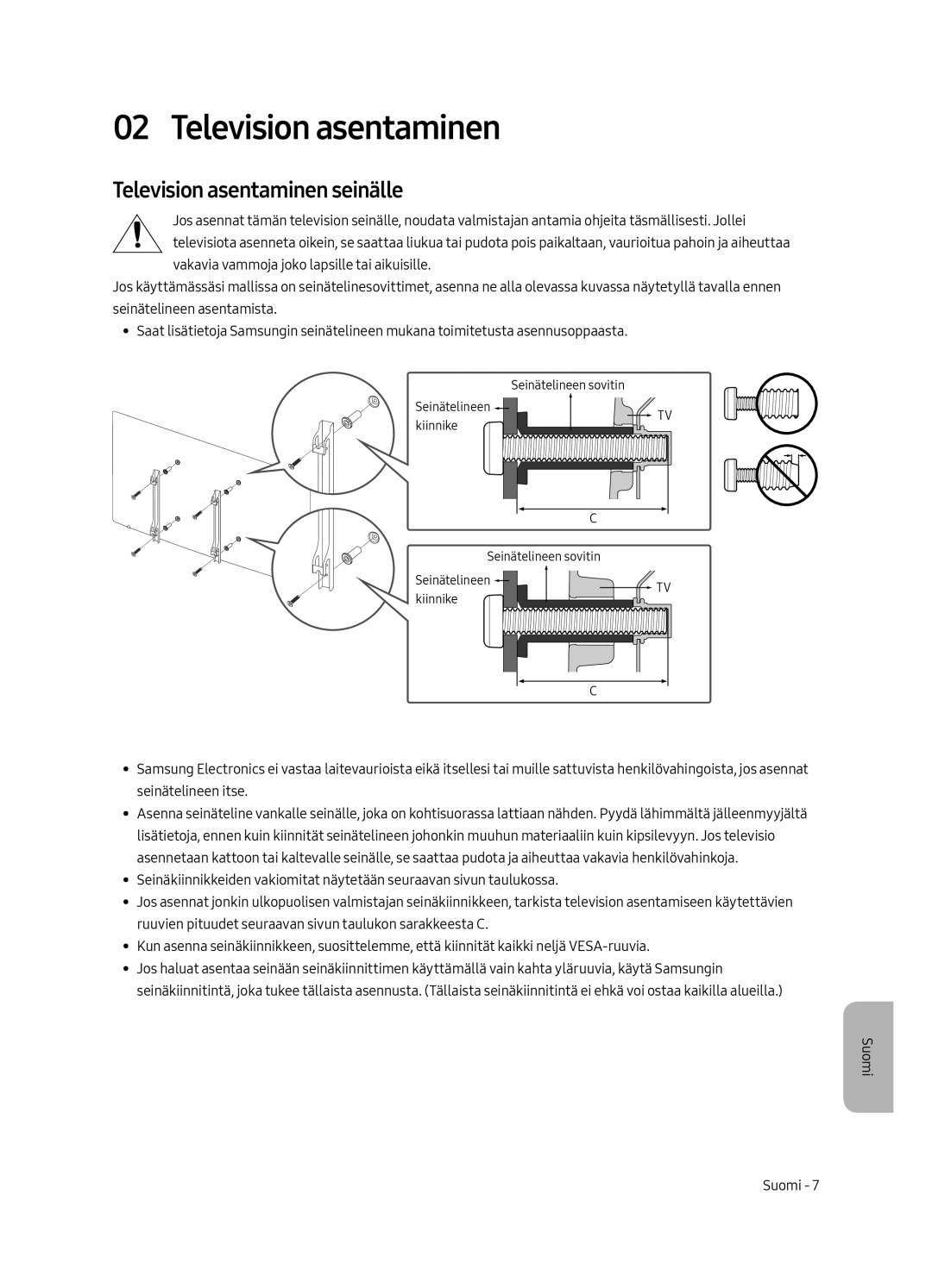 Samsung UE55MU6405UXXC, UE40MU6405UXXC, UE65MU6405UXXC, UE49MU6405UXXC manual Television asentaminen seinälle 