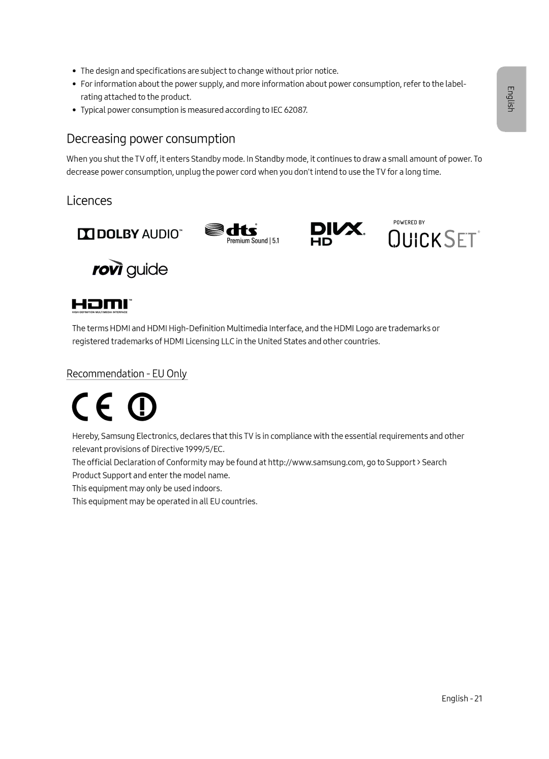 Samsung UE65MU6405UXXC, UE40MU6405UXXC, UE49MU6405UXXC manual Decreasing power consumption, Licences, Recommendation EU Only 