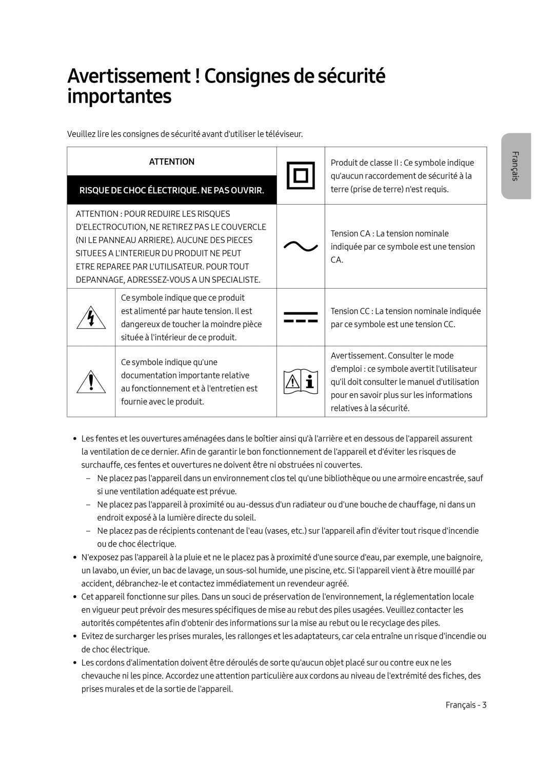 Samsung UE65MU6405UXXC manual Avertissement ! Consignes de sécurité importantes, Risque DE Choc ÉLECTRIQUE. NE PAS Ouvrir 