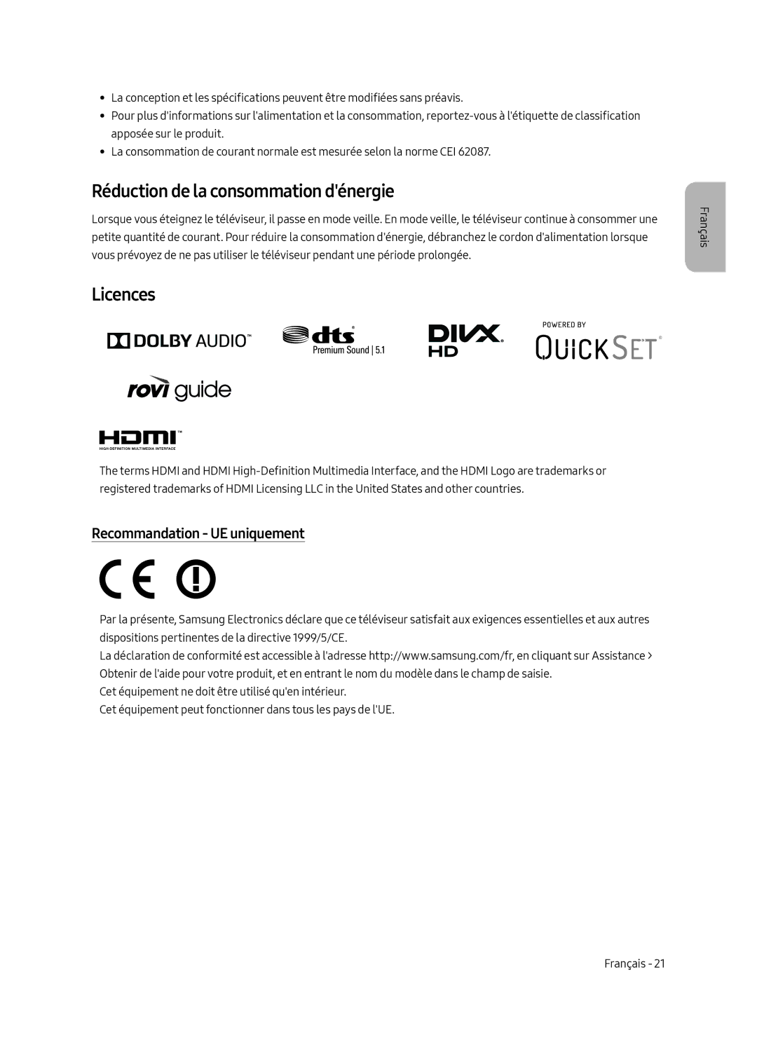 Samsung UE55MU6405UXXC, UE40MU6405UXXC, UE65MU6405UXXC Réduction de la consommation dénergie, Recommandation UE uniquement 