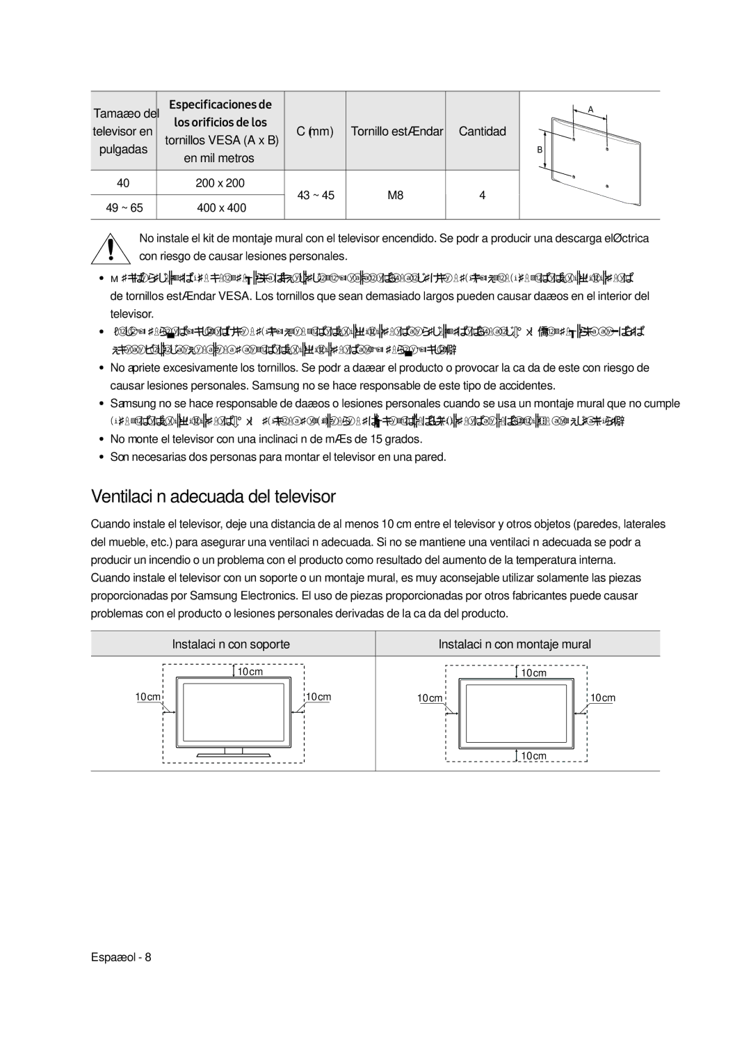 Samsung UE40MU6405UXXC manual Ventilación adecuada del televisor, Instalación con soporte Instalación con montaje mural 