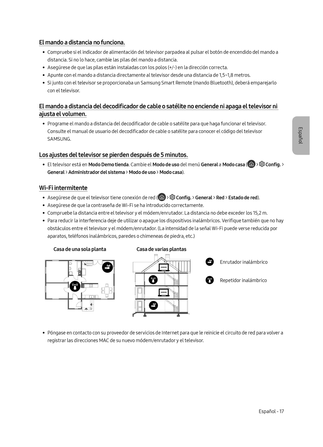 Samsung UE65MU6405UXXC manual El mando a distancia no funciona, Los ajustes del televisor se pierden después de 5 minutos 