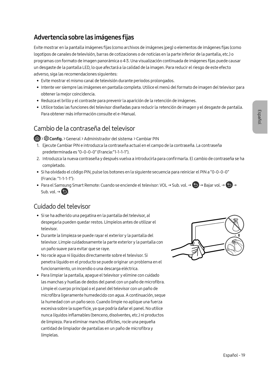 Samsung UE55MU6405UXXC Advertencia sobre las imágenes fijas, Cambio de la contraseña del televisor, Cuidado del televisor 