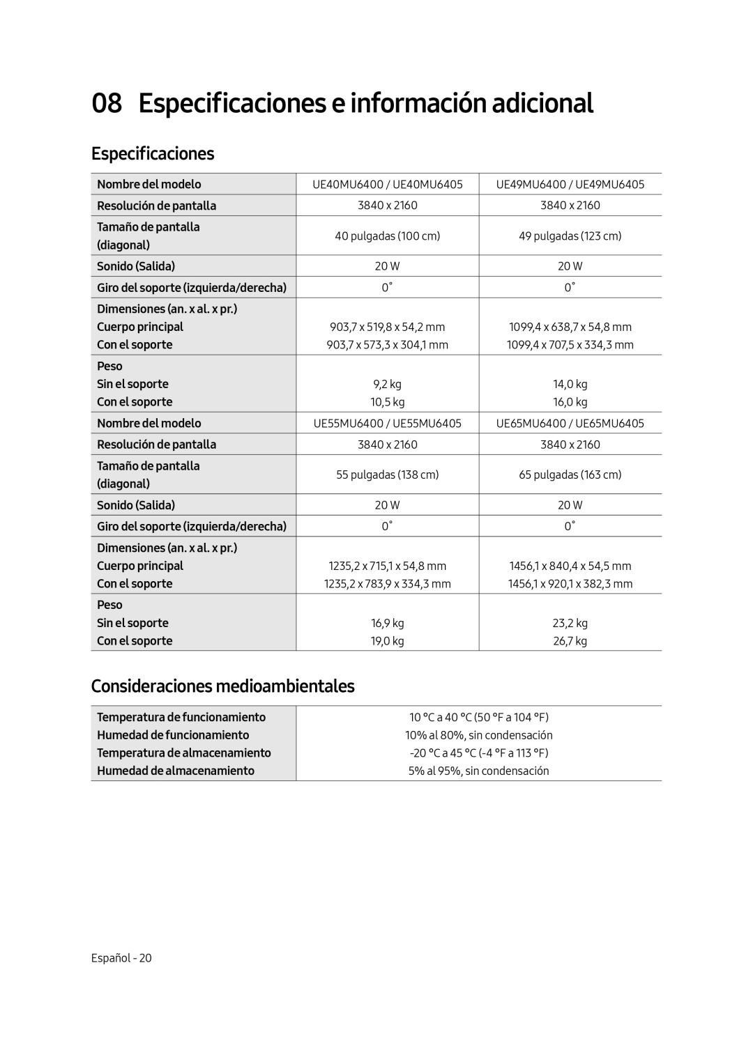 Samsung UE40MU6405UXXC, UE65MU6405UXXC manual Especificaciones e información adicional, Consideraciones medioambientales 