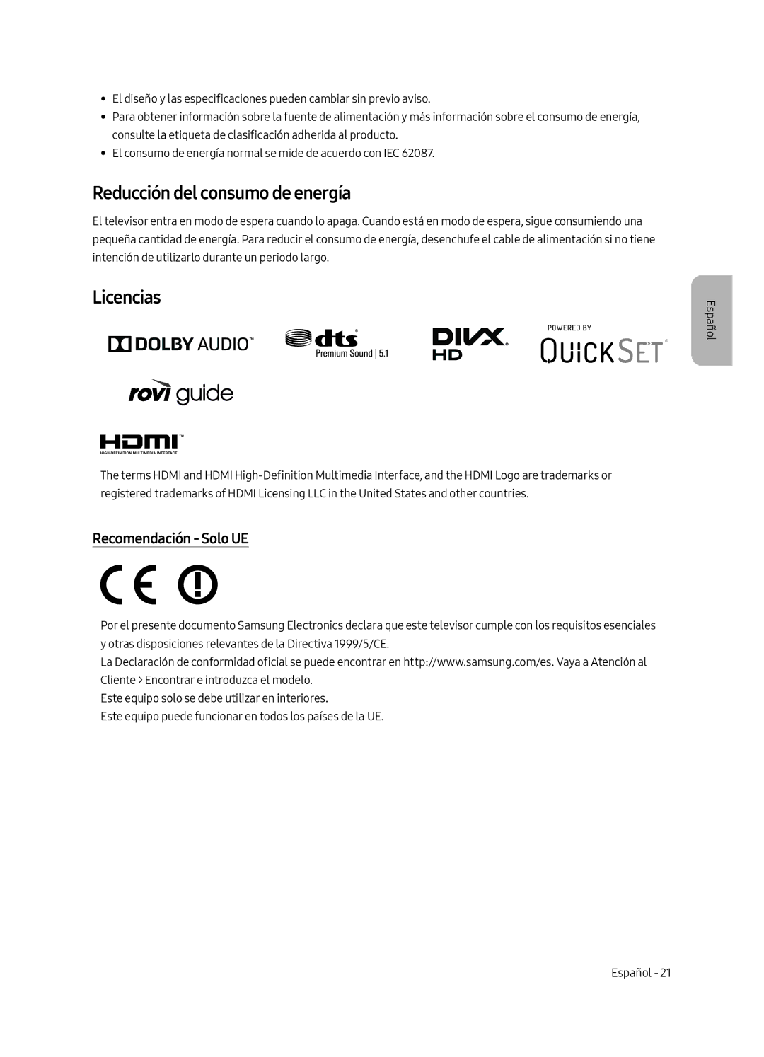 Samsung UE65MU6405UXXC, UE40MU6405UXXC, UE49MU6405UXXC Reducción del consumo de energía, Licencias, Recomendación Solo UE 