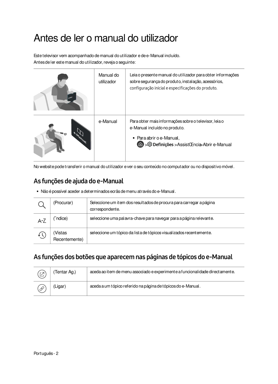 Samsung UE40MU6405UXXC, UE65MU6405UXXC, UE49MU6405UXXC Antes de ler o manual do utilizador, As funções de ajuda do e-Manual 