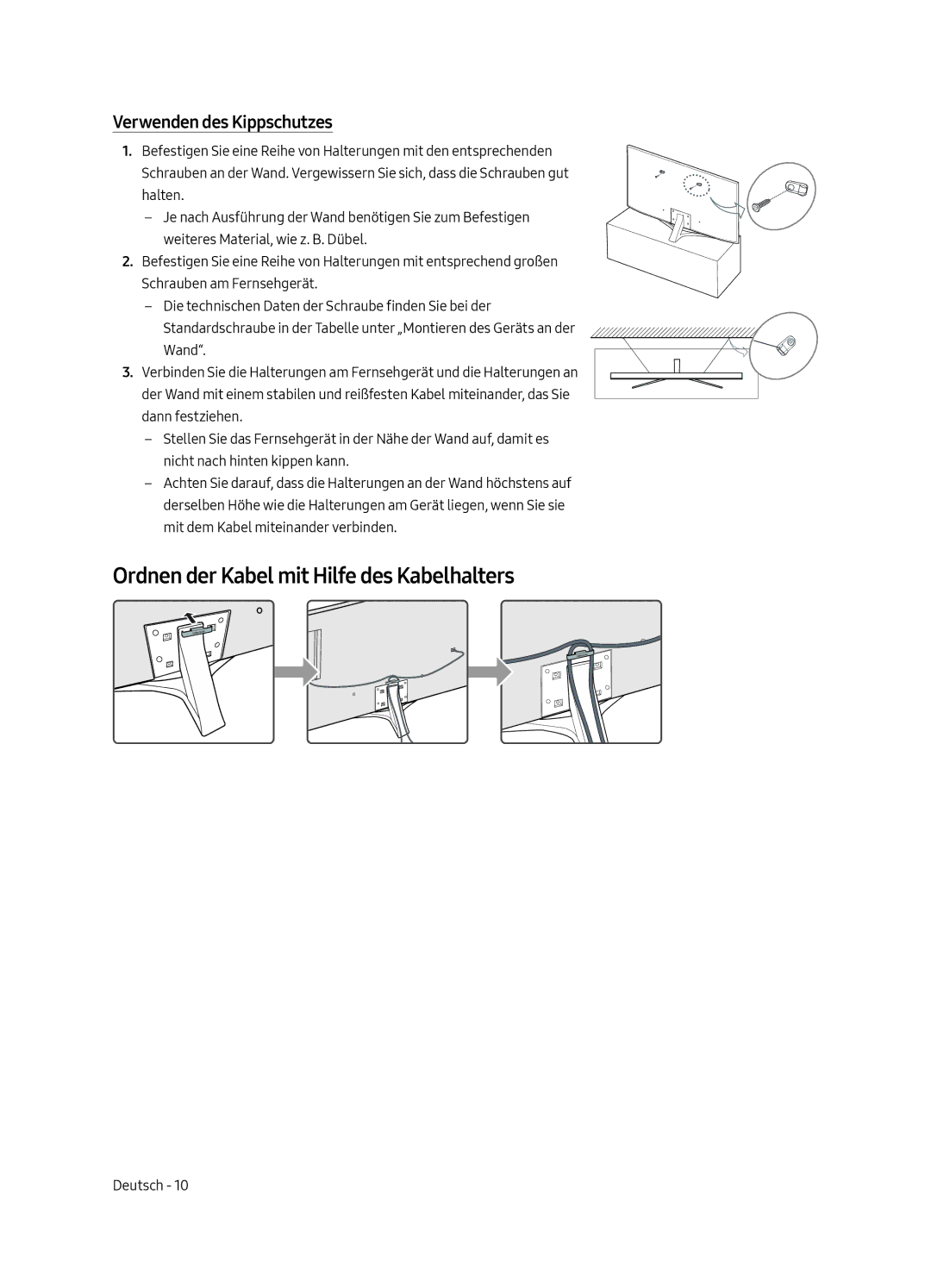 Samsung UE49MU6405UXXC, UE40MU6405UXXC manual Ordnen der Kabel mit Hilfe des Kabelhalters, Verwenden des Kippschutzes 