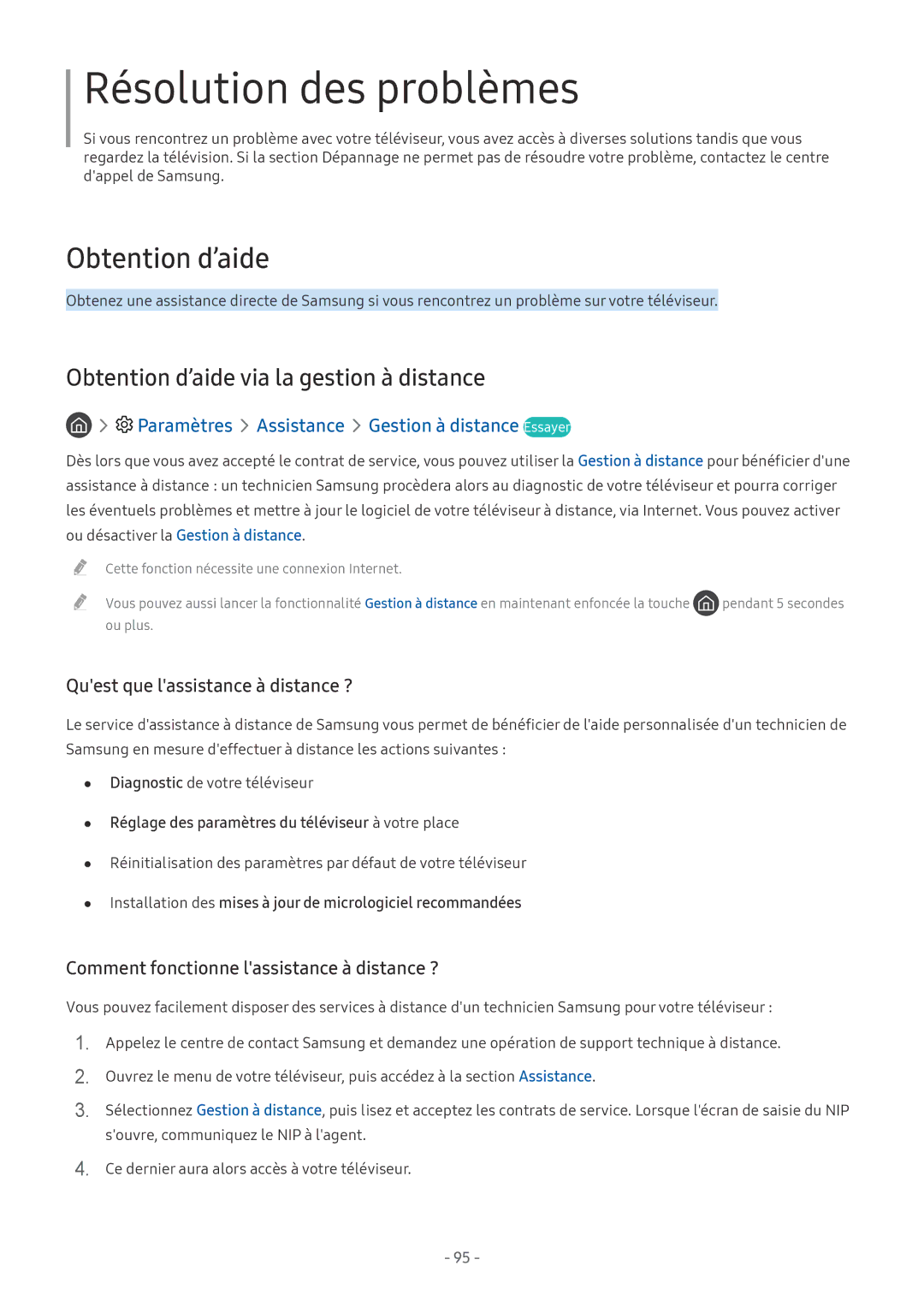 Samsung UE65MU6105KXXC, UE40MU6455UXXC manual Résolution des problèmes, Paramètres Assistance Gestion à distance Essayer 