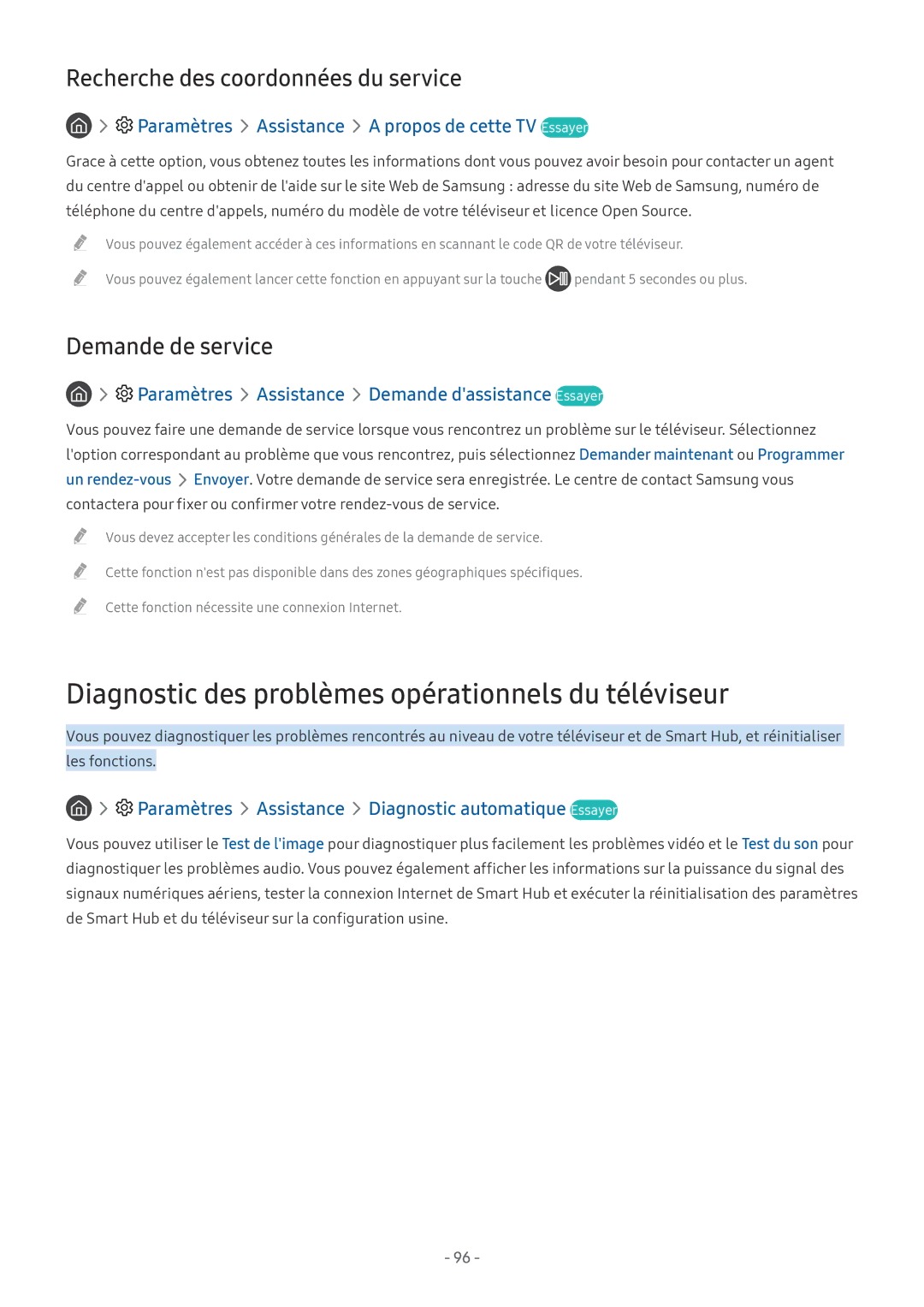 Samsung UE55MU9005TXXC, UE40MU6455UXXC, QE75Q7FAMTXXC, QE65Q8CAMTXXC Diagnostic des problèmes opérationnels du téléviseur 