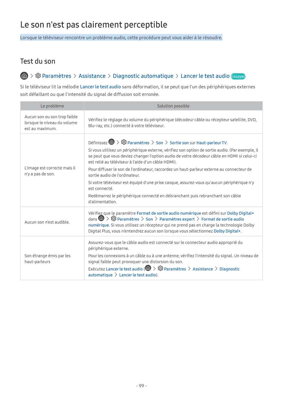 Samsung UE55MU6645UXXC manual Le son nest pas clairement perceptible, Test du son, Son Sortie son sur Haut-parleur TV 