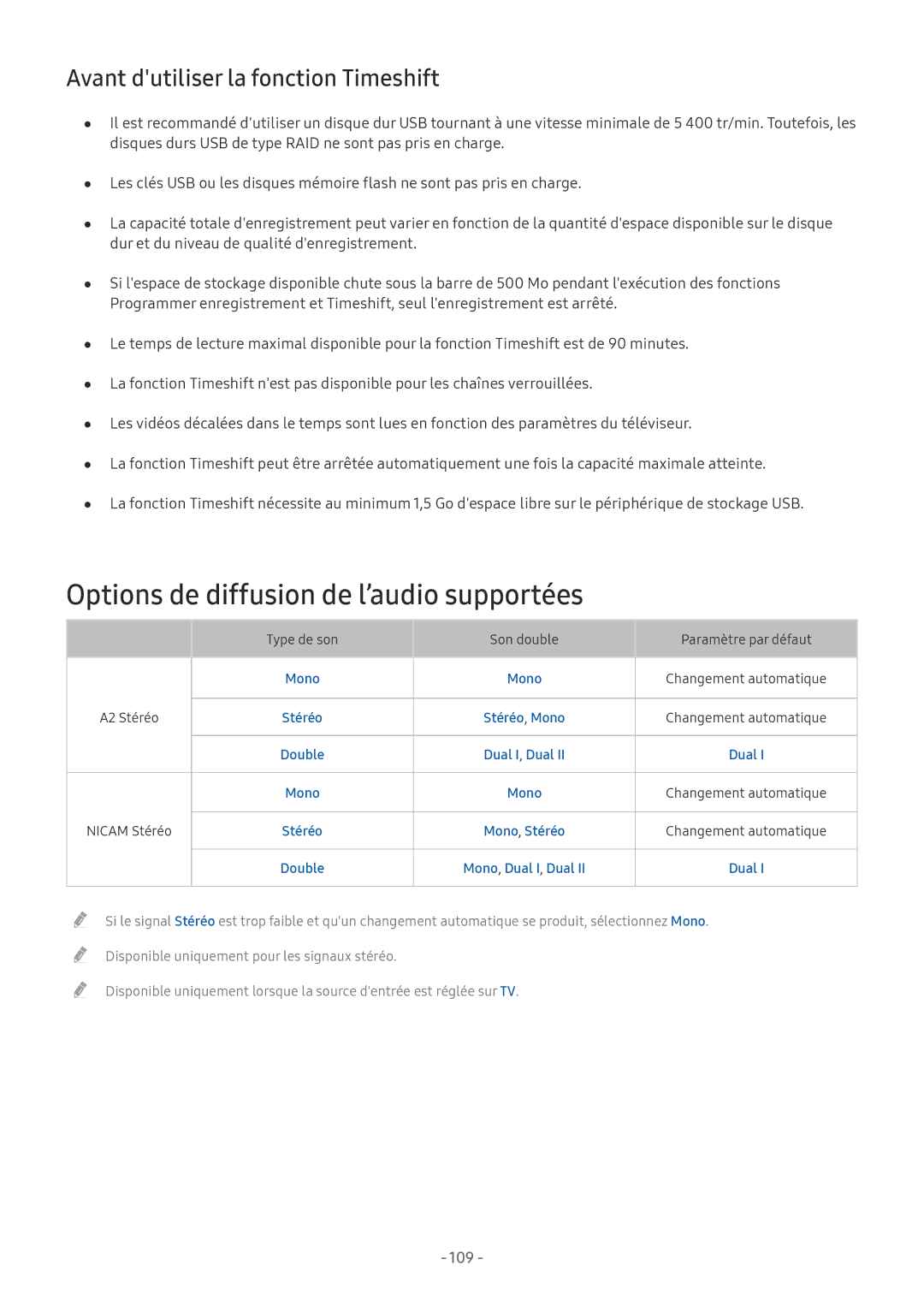 Samsung UE43MU6105KXXC, UE40MU6455UXXC Options de diffusion de l’audio supportées, Avant dutiliser la fonction Timeshift 