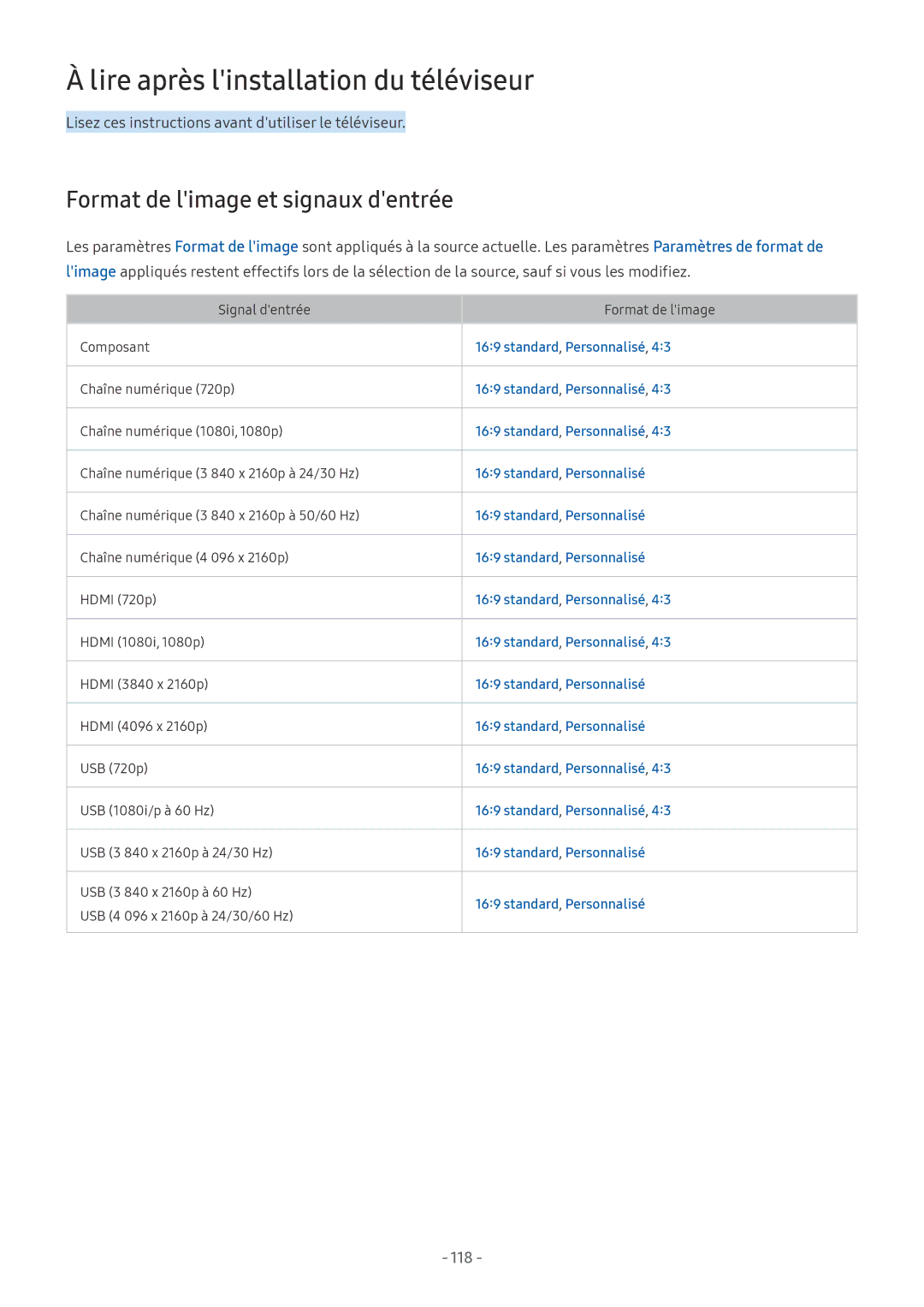 Samsung UE55MU6405UXXC Lire après linstallation du téléviseur, Format de limage et signaux dentrée, Standard, Personnalisé 