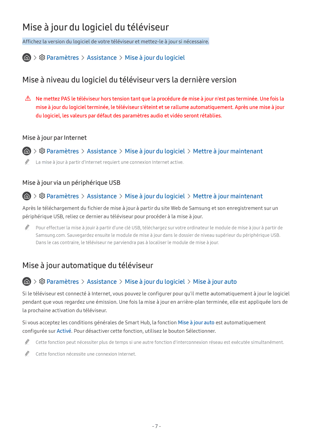 Samsung UE49MU6655UXXC, UE40MU6455UXXC manual Mise à jour du logiciel du téléviseur, Mise à jour automatique du téléviseur 