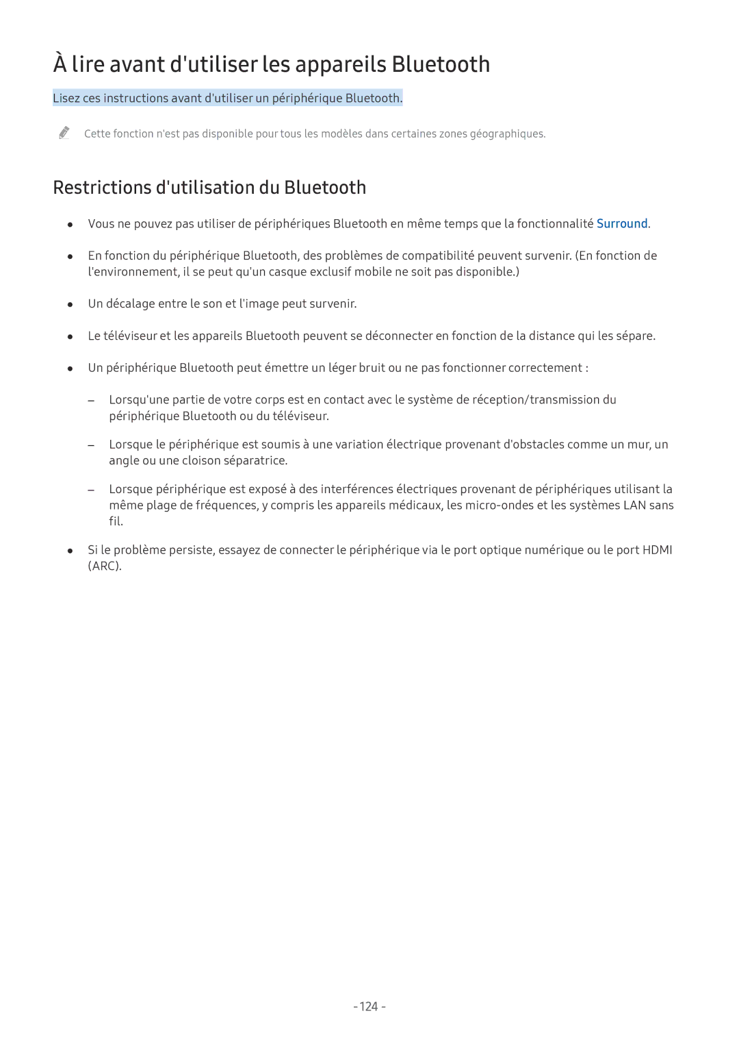 Samsung UE65MU6175UXXC, QE75Q7FAMTXXC Lire avant dutiliser les appareils Bluetooth, Restrictions dutilisation du Bluetooth 