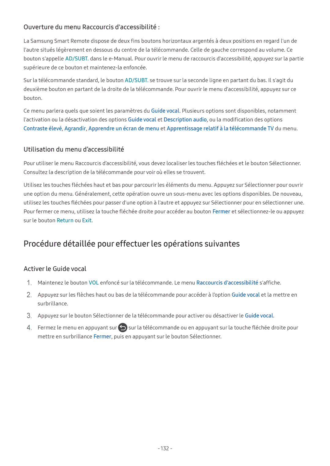 Samsung UE32LS001FUXZF Procédure détaillée pour effectuer les opérations suivantes, Utilisation du menu d’accessibilité 