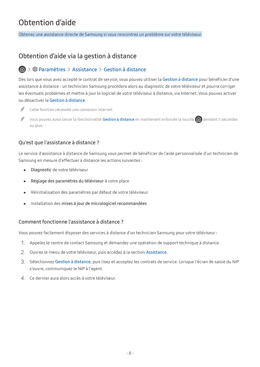 Samsung UE65MU7005TXXC manual Obtention d’aide via la gestion à distance, Paramètres Assistance Gestion à distance 