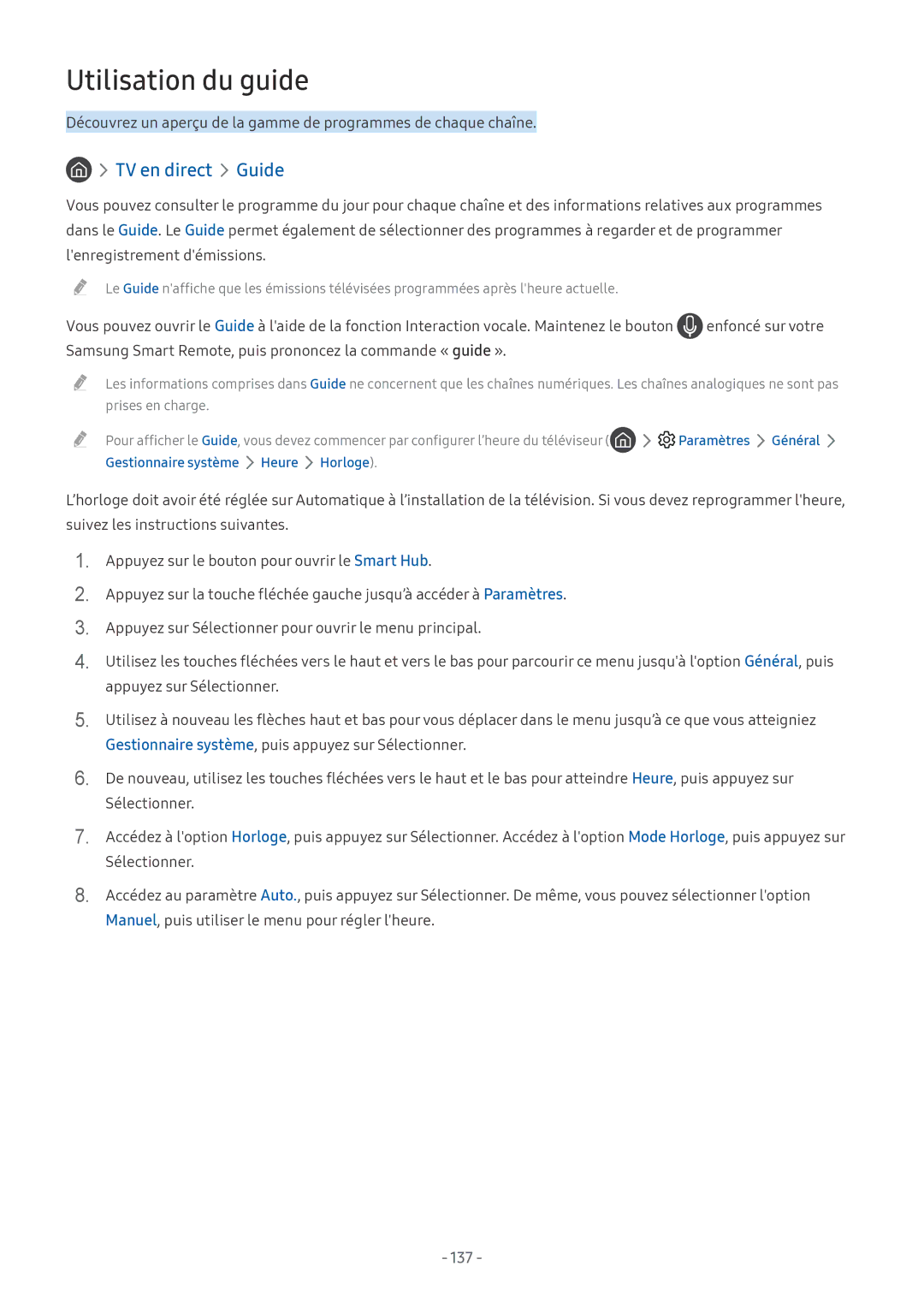 Samsung UE58MU6125KXXC, UE40MU6455UXXC, QE75Q7FAMTXXC, QE65Q8CAMTXXC, QE55Q8CAMTXXC, UE82MU7005TXXC Utilisation du guide, 137 