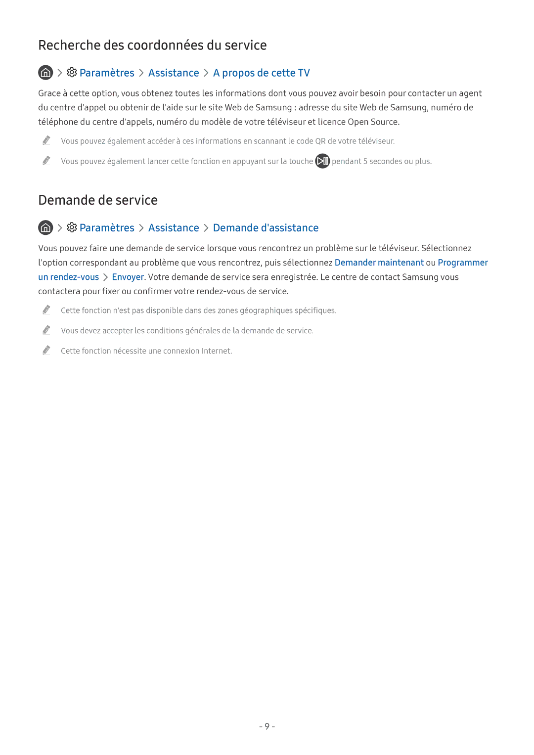 Samsung UE75MU7005TXXC Recherche des coordonnées du service, Demande de service, Paramètres Assistance Demande dassistance 