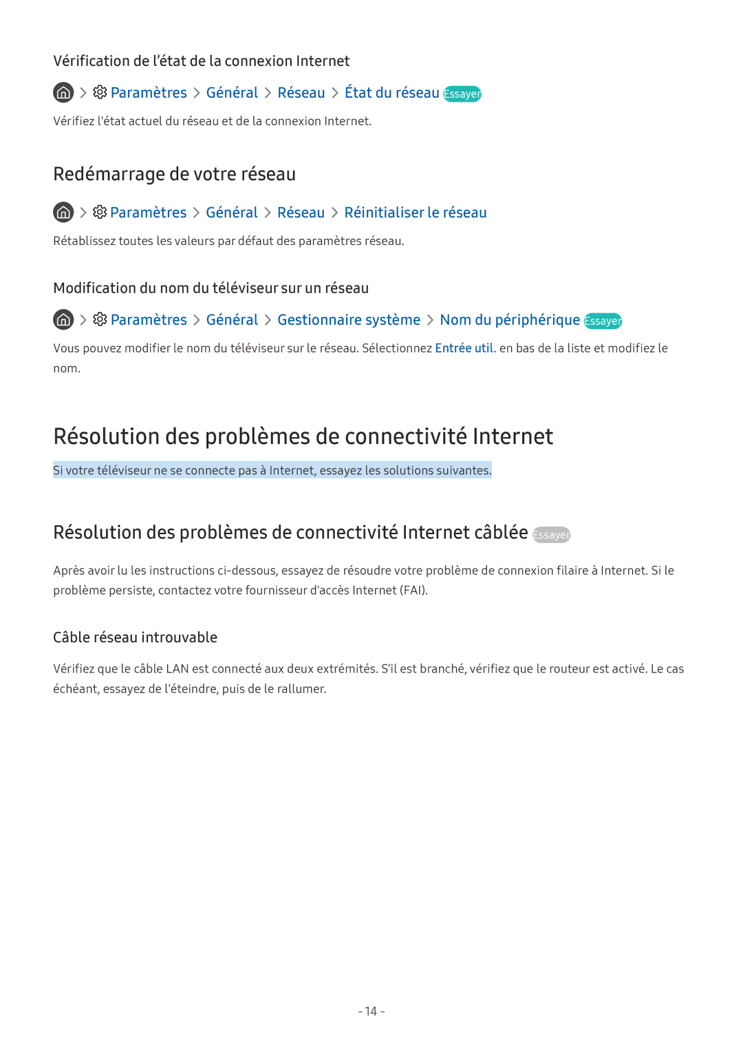 Samsung UE40MU6405UXXC, UE40MU6455UXXC manual Résolution des problèmes de connectivité Internet, Redémarrage de votre réseau 